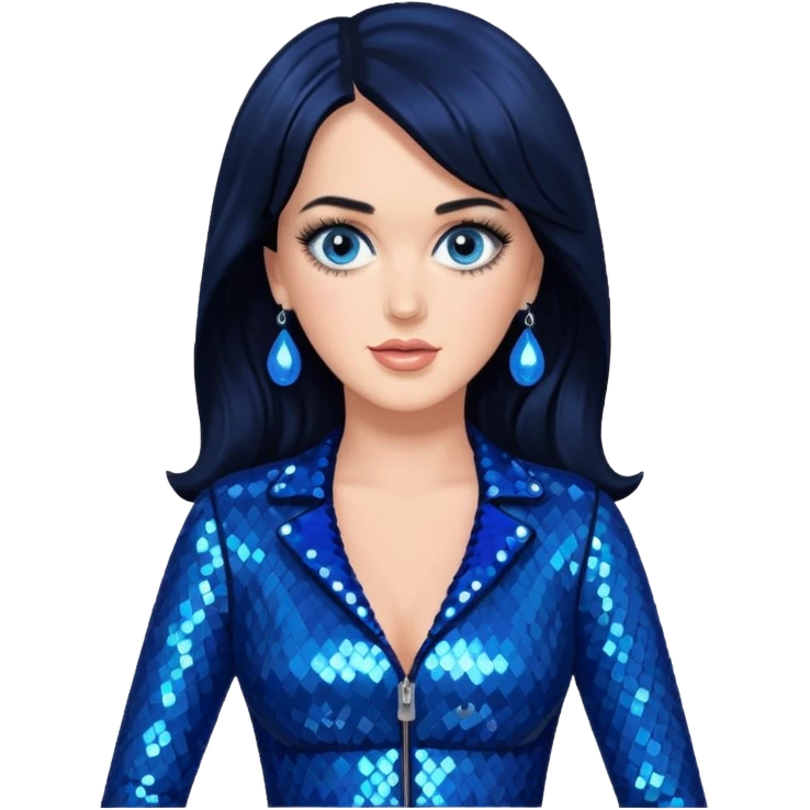 Katy Perry with long black hair, blue sequin outfit emoji