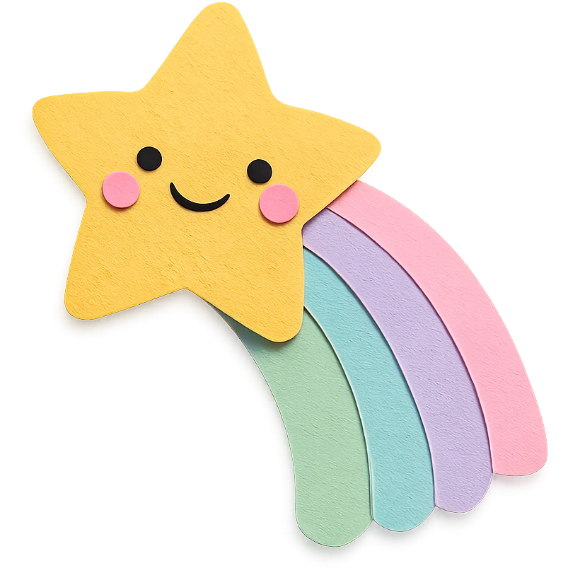 kawaii bright shooting star, rainbow trail, soft pastel colors, no limbs, full body, paper craft style emoji