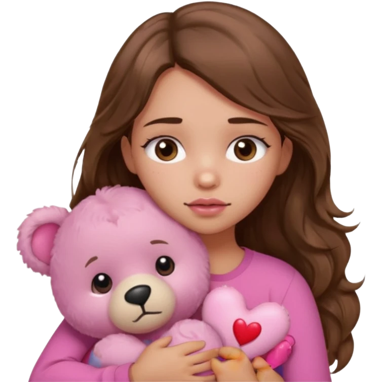 girl with long wavy brown hair, brown eyes, light to medium complexion, in a pink shirt, pink lips, long lashes, sad, hugging squeezing  a teddy bear with hearts emoji