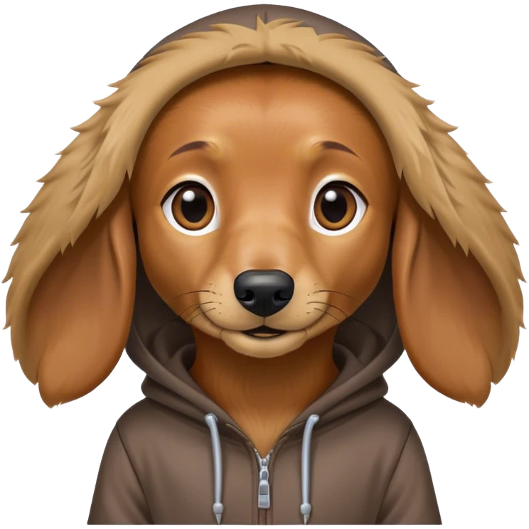 Long haired dachshund wearing a hoodie emoji