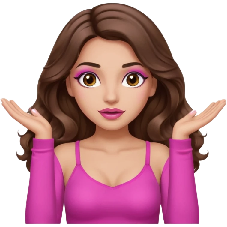 girl with long wavy brown hair, brown eyes, long lashes makeup, sexy pink lips, light to medium complexion, pink sexy top, two hands up, shrugging emoji