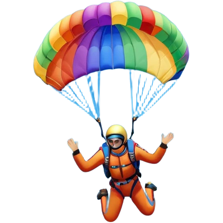 A skydiver free-falling through the clear sky, with a brightly colored parachute just about to open. The scene captures the thrill of the sport, with the vast expanse of the sky and distant ground below, emphasizing the excitement and adrenaline of parachuting emoji