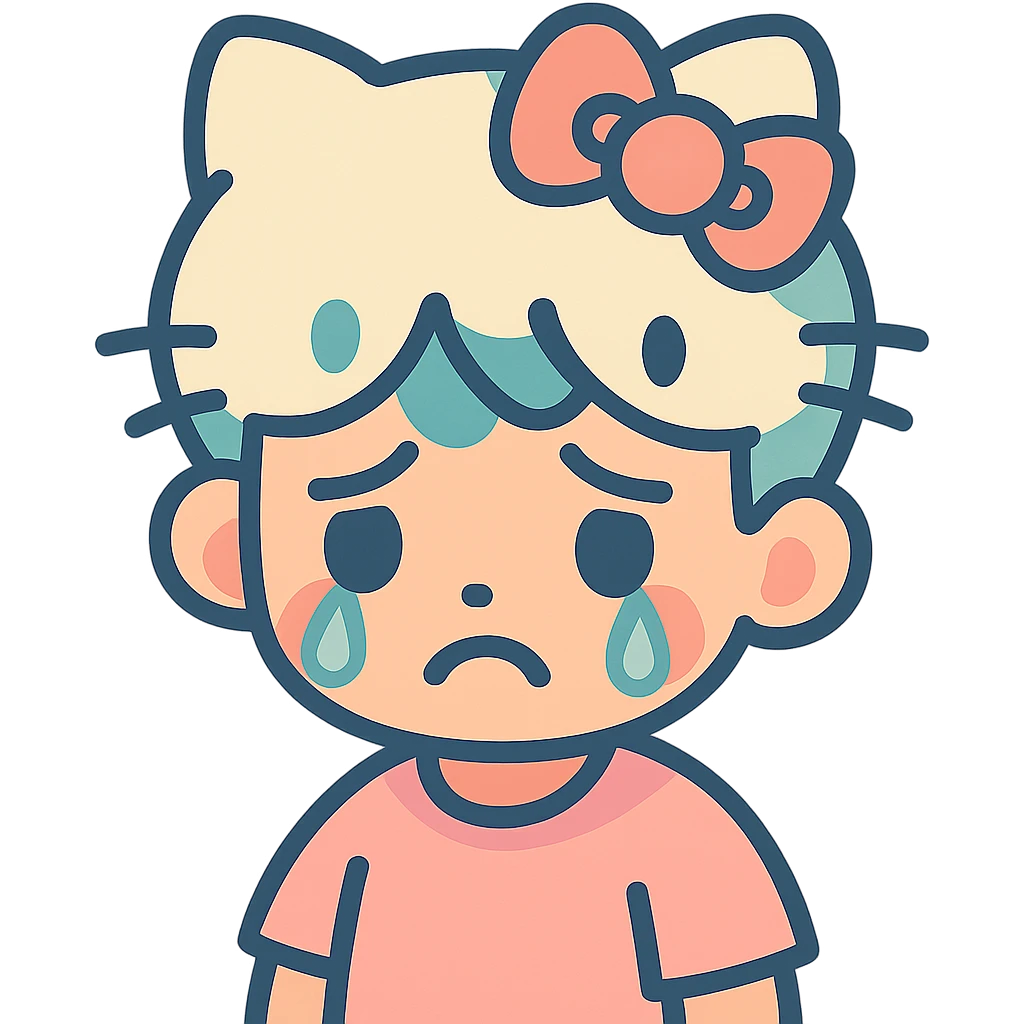 a sad boy with Hello Kitty ears, tears on his cheeks, kawaii style, vibrant toon style, pastel colors emoji
