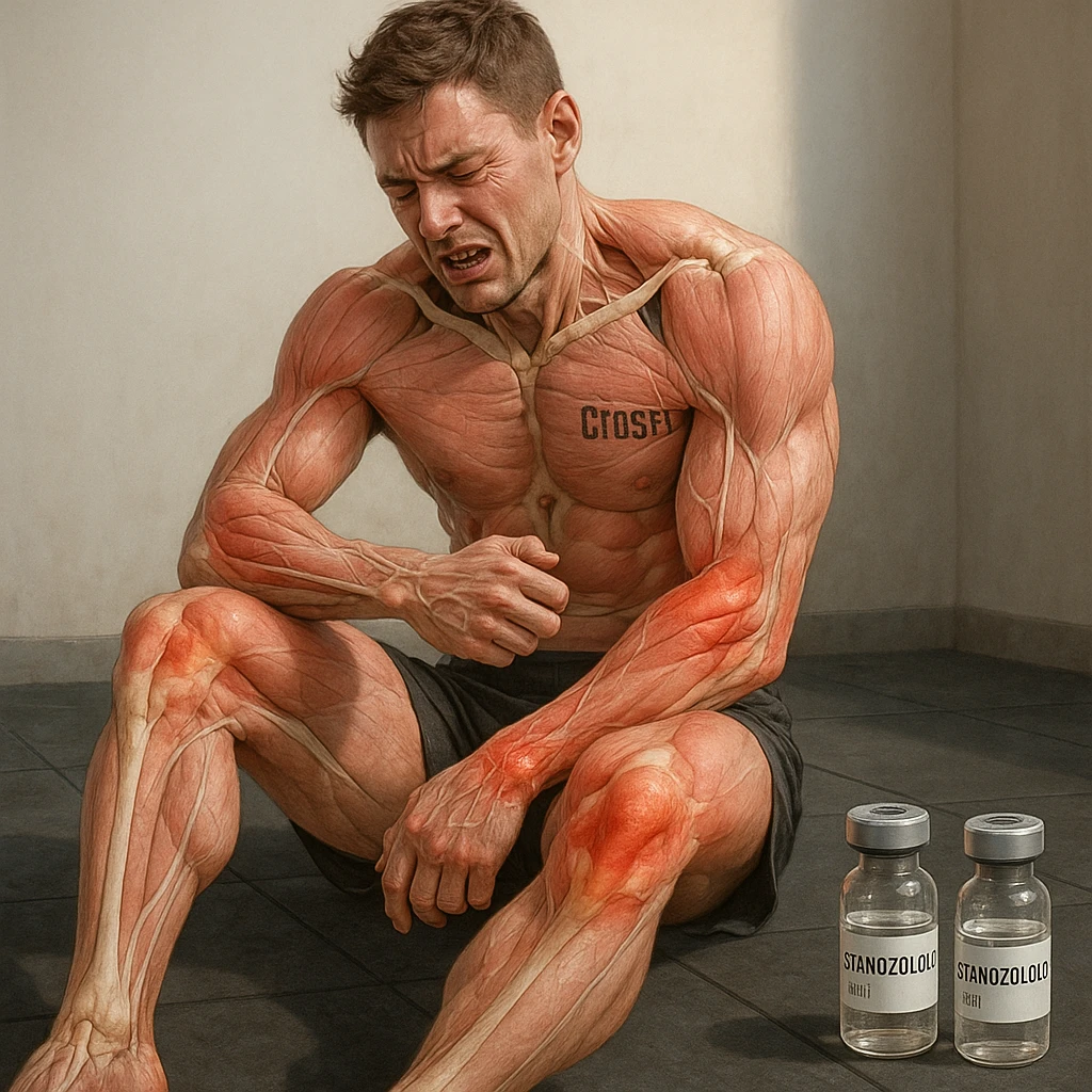 realistic anatomical image of a crossfit athlete showing widespread joint problems in shoulders, elbows, knees, wrists, with visible muscles and joints, painful expression, vials labeled 'Stanozololo' nearby, natural light, neutral background emoji