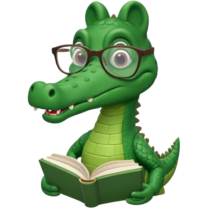 A claymation alligator with a book and glasses. The background is a solid white circle emoji