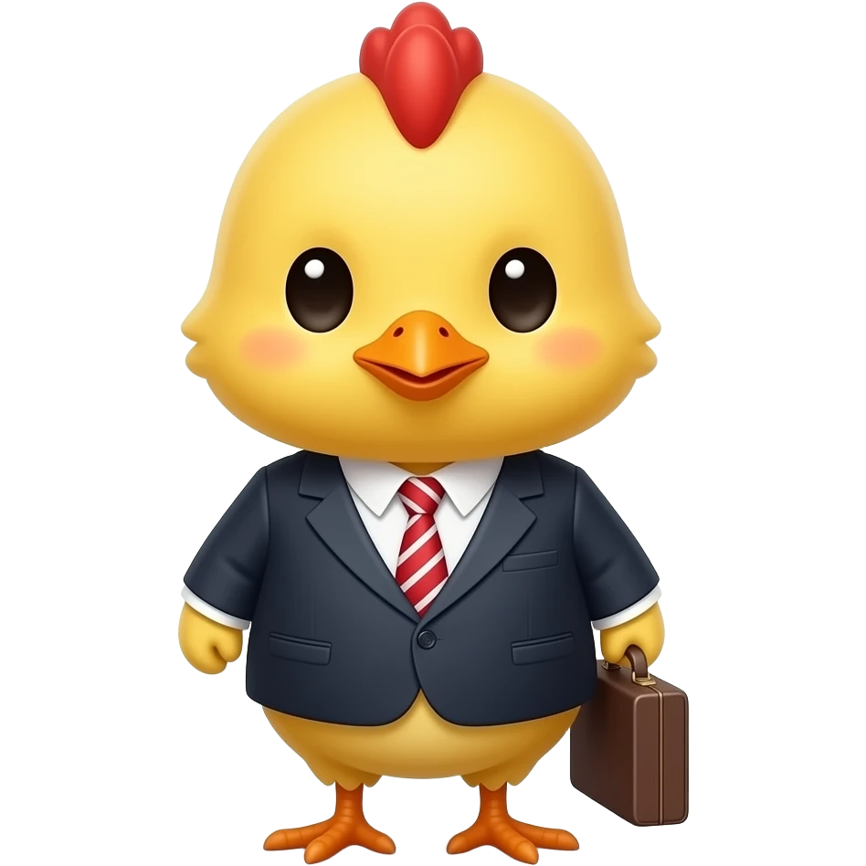 cute chick office worker, yellow baby chick wearing suit and tie, carrying a briefcase, cheerful emoji style emoji