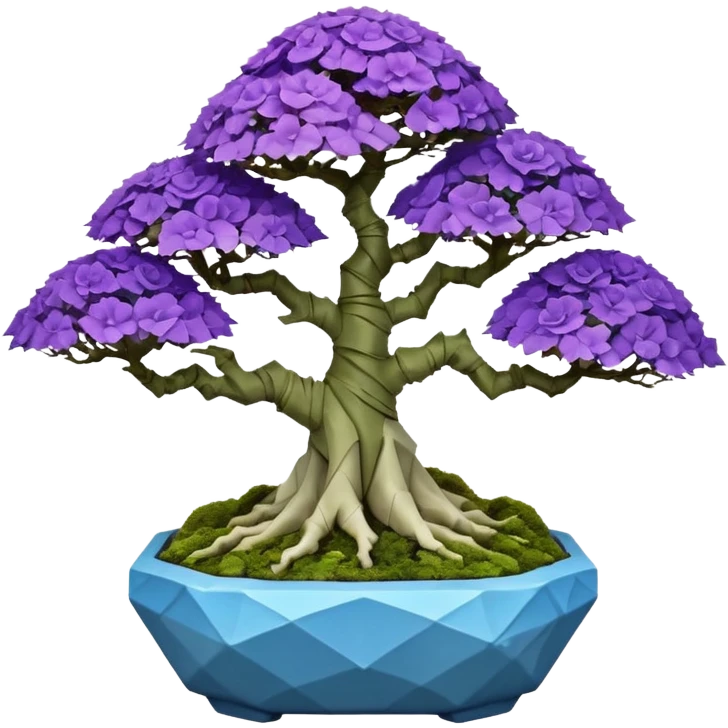 Futuristic wild glowing et alien moss maples Bonsai hair-fine-leaf group crystal boxwood purple and cream rose blue informal rocky cliffhanger eight trees forest planting in shallow origami slab style pot with big anthropomorphic feet  emoji