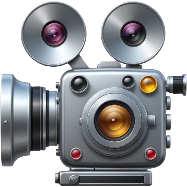 Minimal emoji icon of a huge cinematic metalic camera, front view, simple shapes, realistic lens,  emoji