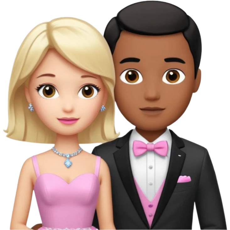 pretty light blonde girl barbie wedding to boy nerd with short black hair and dark tan skin on the cheek emoji