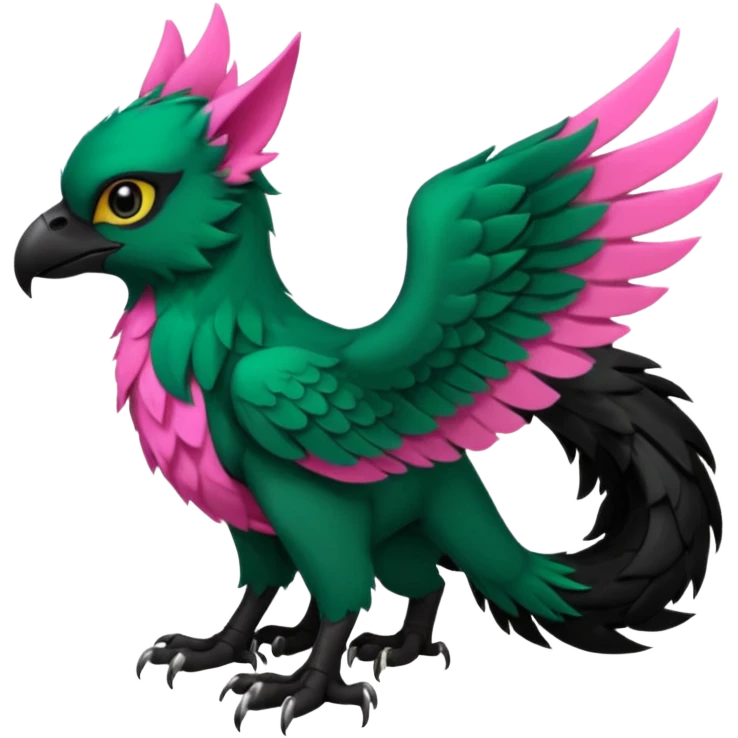 Dark-deep-Emerald-green gryphon-Trico-fusion-hybrid with a long tufted tail, black beak, pink accents, black claws, black tail, majestic, realistic, furry (full body) emoji
