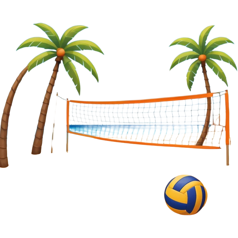A volleyball resting on the orange sand ground of a beach, with a volleyball net in the background. The scene captures a sunny beach atmosphere with clear blue sea and sky, palm trees swaying, and people in swimsuits enjoying the vibrant surroundings emoji