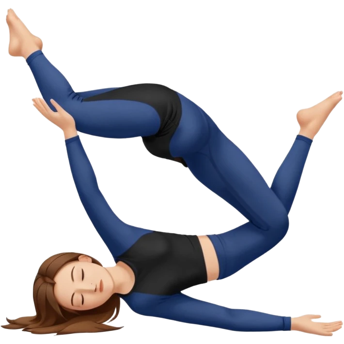 Brown long haired white girl with closed eyes in dark blue leggings and a black t-shirt sits on the splits emoji