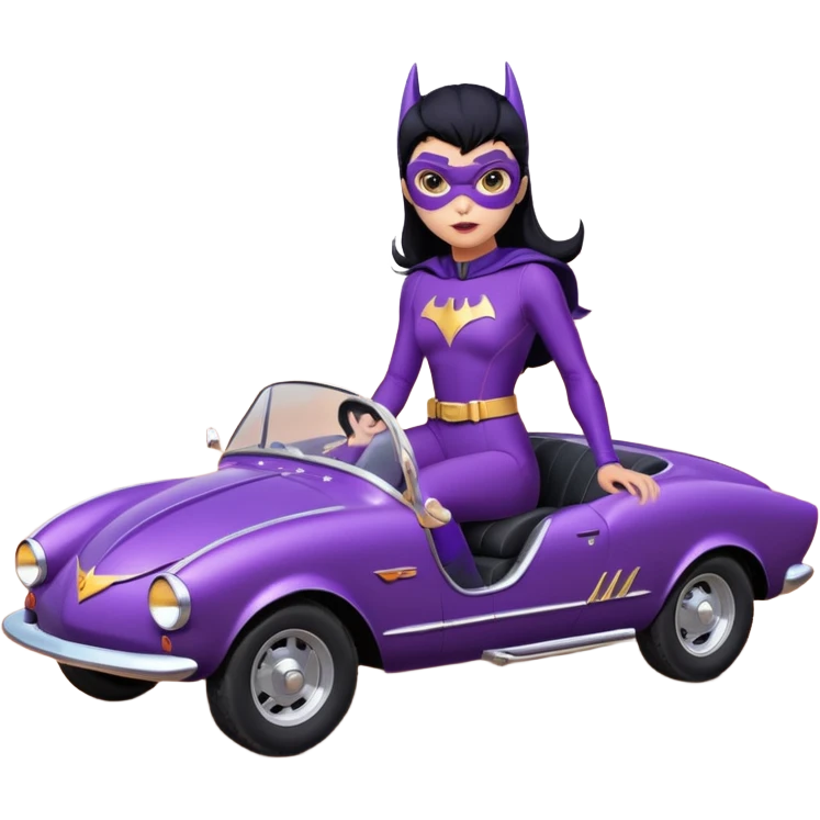  proportionally correct, real-appearance racing BatGirl’s feminine midnight-purple tight outfit sixty’s tv show 2032 stealth retro cat burglar sporty petite off-road pursuit hovering black hover cruiser car rose gold accents (black hair,reclined and relaxed seating position and attitude) desert emoji