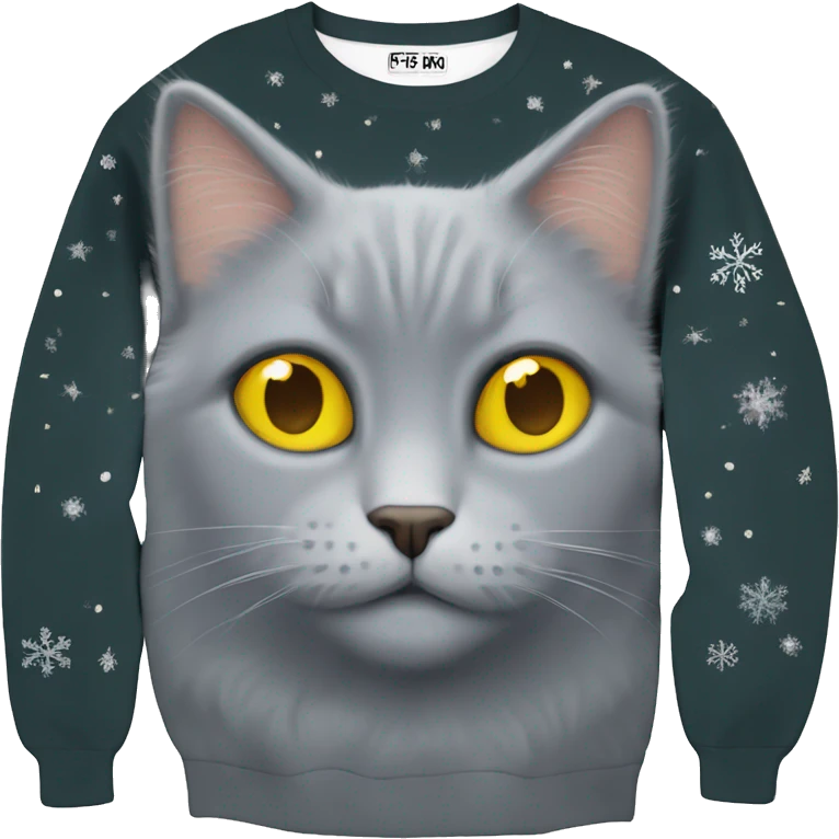 Fluffy grey cat yellow eyes Christmas sweater emoji