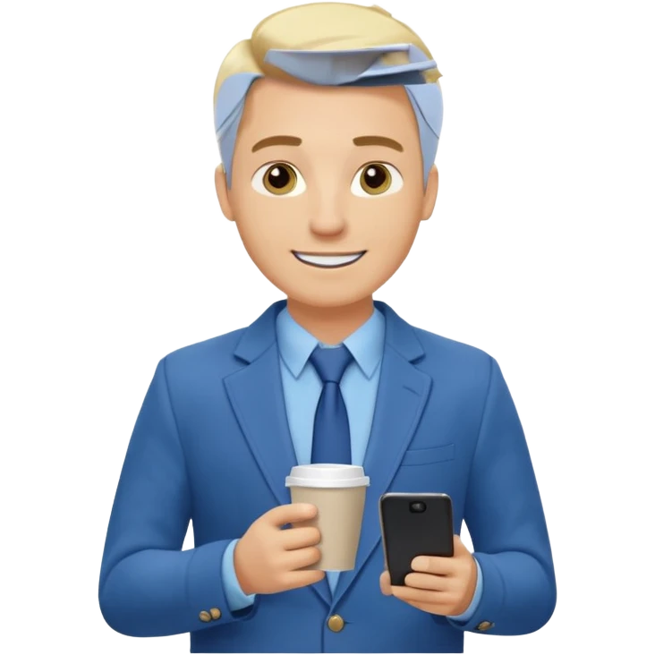 Confident and outgoing male entrepreneur, Caucasian features, blonde hair, big friendly smile, expressive eyes, defined eyebrows, wearing a blue blazer over a light blue shirt, holding a smartphone in one hand and a coffee cup in the other, waist-up, front-facing emoji