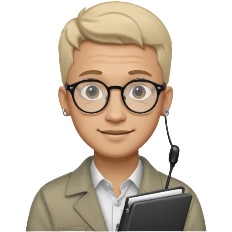 A man in his 20s wearing an apnotebook, wearing radio earrings, round glasses, achromatic clothes emoji