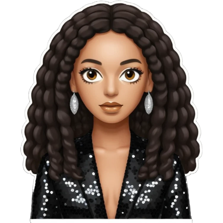Solange with long dark brown hair, black sequin tour outfit  emoji