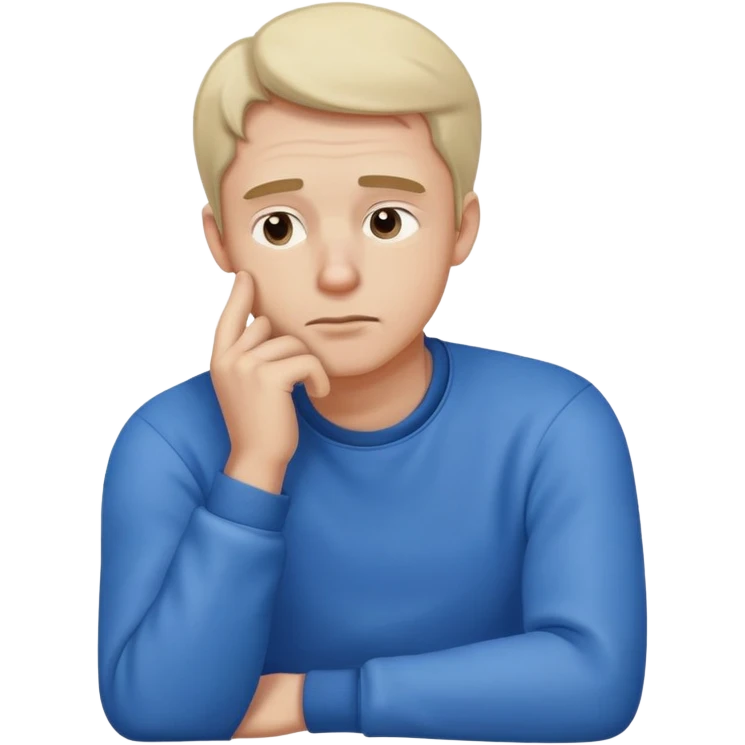 A male character in blue clothing, with a thoughtful expression and hand resting on his chin, symbolizing deep thinking.  emoji