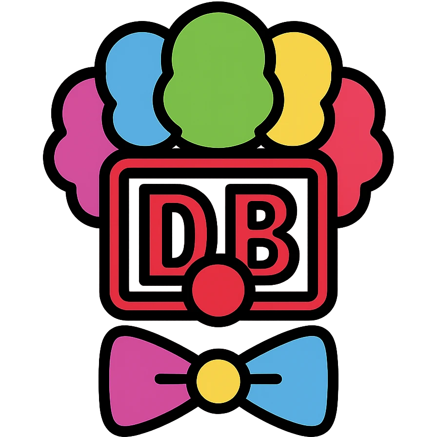Deutsche Bahn logo with colorful clown wig, red nose, clown bow tie, clearly recognizable, humorous, icon style emoji
