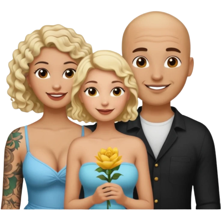 throuple tattooed bald boyfriend with  blonde long hair female and another curly short haired brunette big boobs emoji