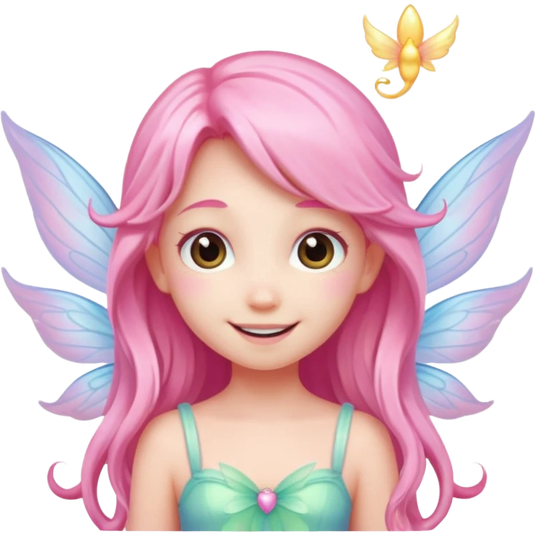 A tiny pastel fairy with pink long hair with glowing wings and a sweet smile  emoji