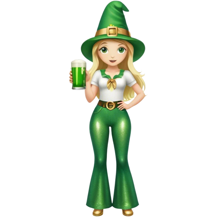 Blonde haired girl in glittery green bell bottoms and tall leprechaun hat holding a green beer emoji
