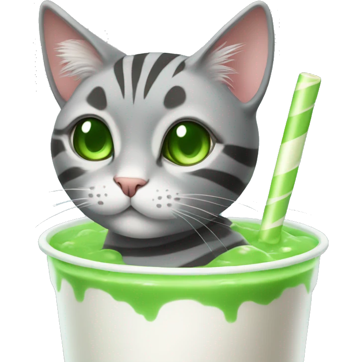 A striped grey cat with green eyes drinking boba emoji