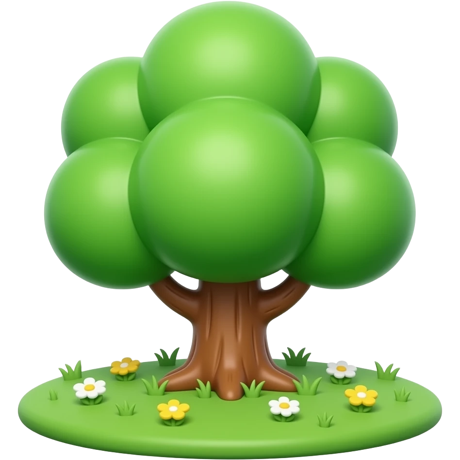 3D glossy tree emoji, rounded thick green canopy, brown trunk, small grass base, white background, small white and yellow flowers instead of coins. emoji