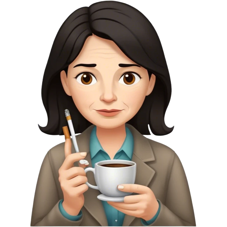 Art teacher with dark hair , wrinkles , sunken cheeks and a cup of coffee and cigarettes in her hands emoji