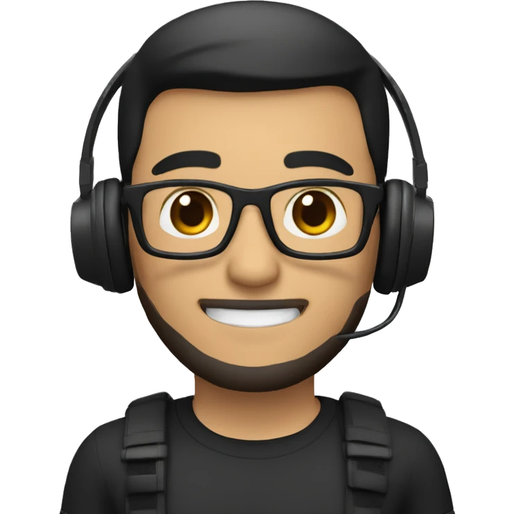 Create a Memoji-style avatar of a man with short black hair, glasses, and a beard. He is smiling and wearing a black shirt. He also has a pair of headphones around his neck. emoji
