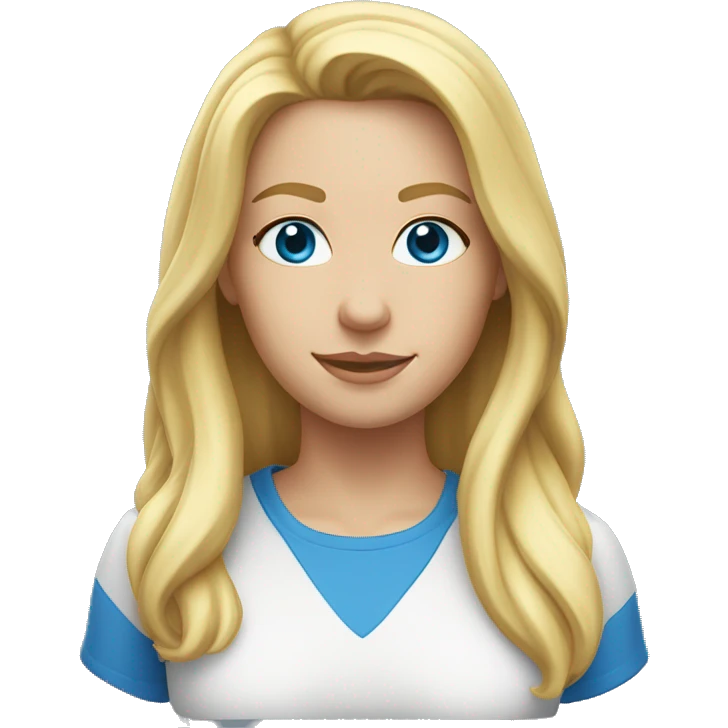 A head and shoulders shot of a 32 year old Caucasian woman, with long blonde hair,   with blue eyes wearing a t-shirt. emoji