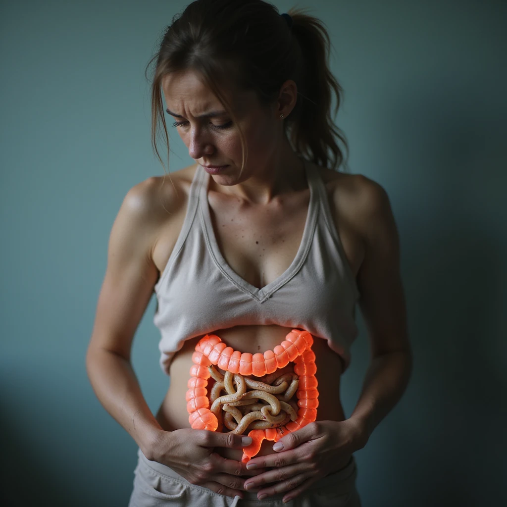 hyperrealistic 4K image of a visibly debilitated woman with intestinal parasitosis, holding her belly with hands, tired and suffering face, medical environment, translucent anatomical illustration with intestine infested by worms emoji