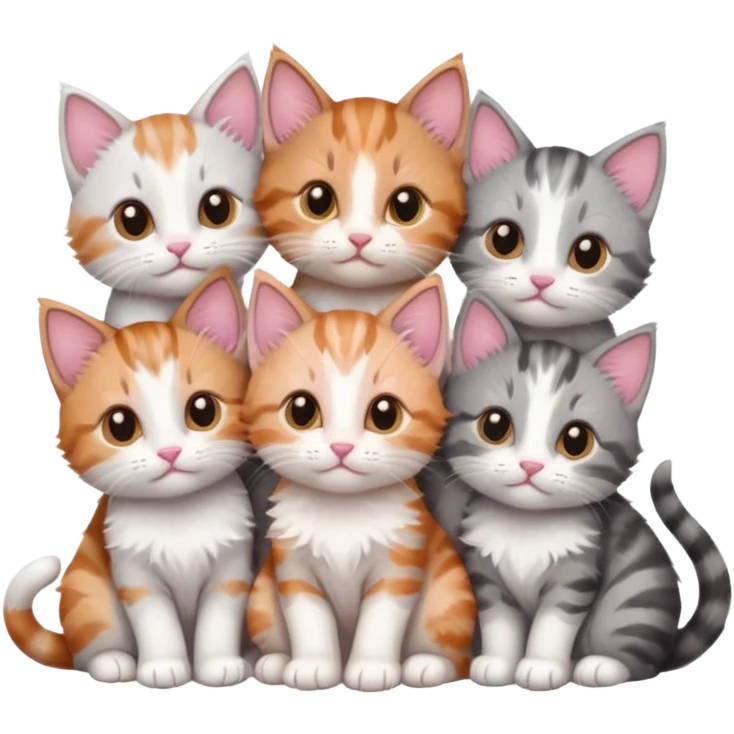6 tiny kittens cuddling together all various different natural colours including grey and white, ginger and white, calico, grey, and brown tabby and white emoji