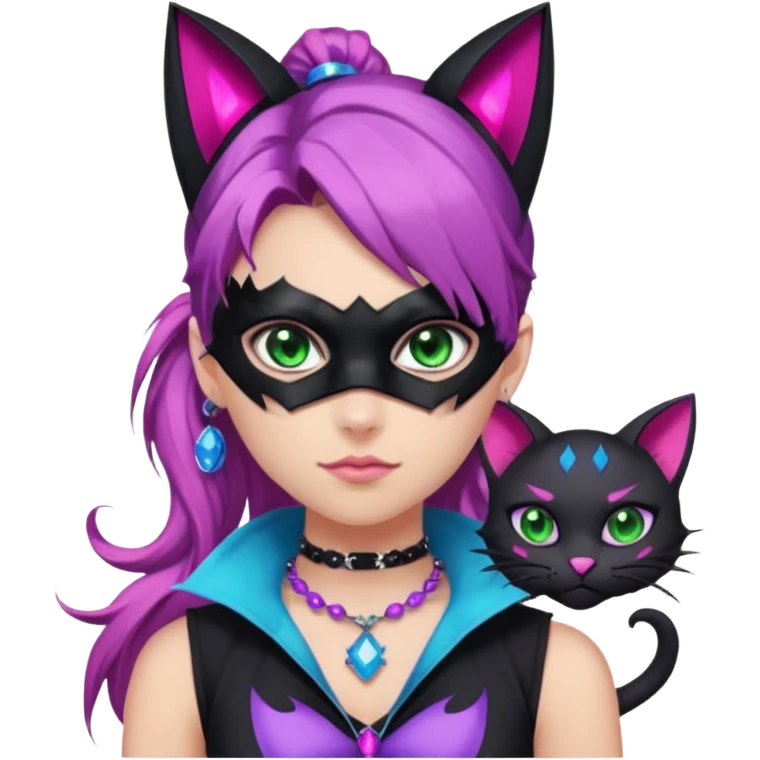 Girl with green eyes, wearing a bat mask with pink stones, and her hair tied in a ponytail, the hair is purple, blue, and pink streaks, with black cat ears with pink stones, wearing a black shirt that covers the neck, and a sleeveless blue jacket, and a necklace of pink stones emoji