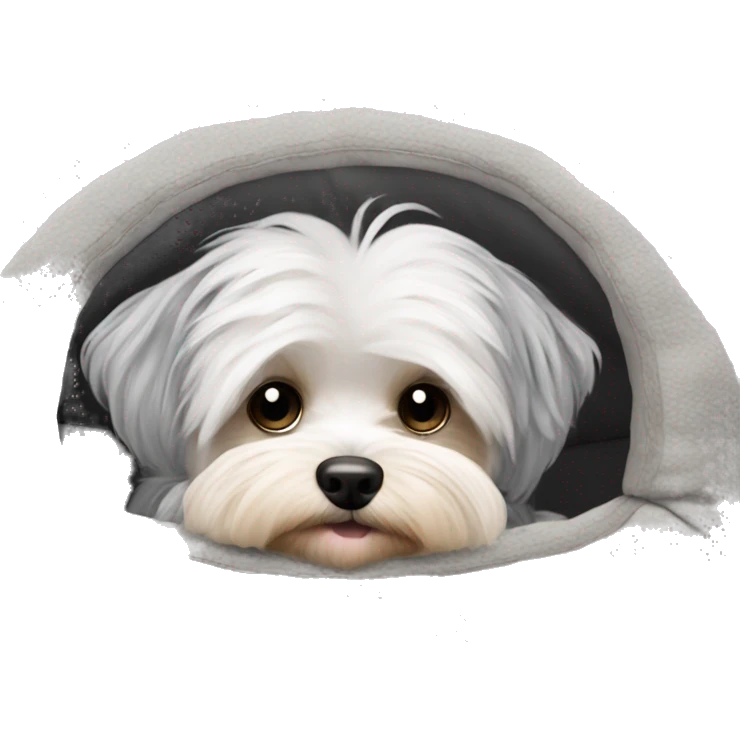 Gray hair Morkiepoo laying in plush dog bed emoji