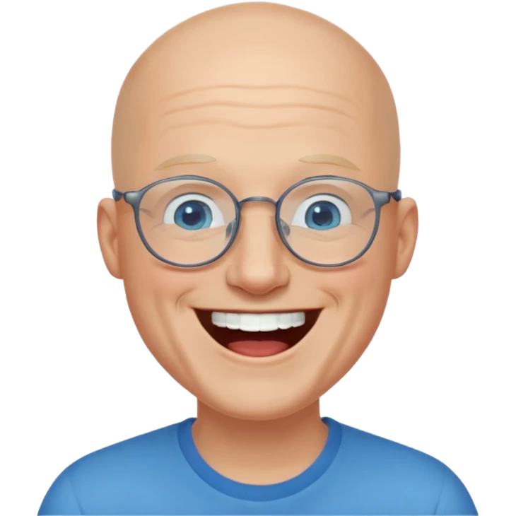 bald man with blue eyes and eye glasses laughing emoji