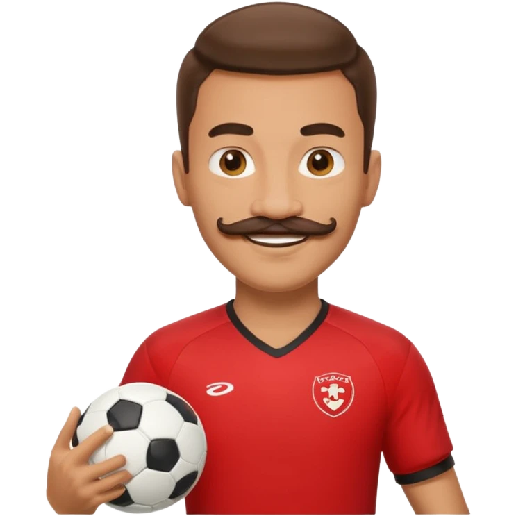 man soccer player red jersey with mustache holding soccer ball emoji