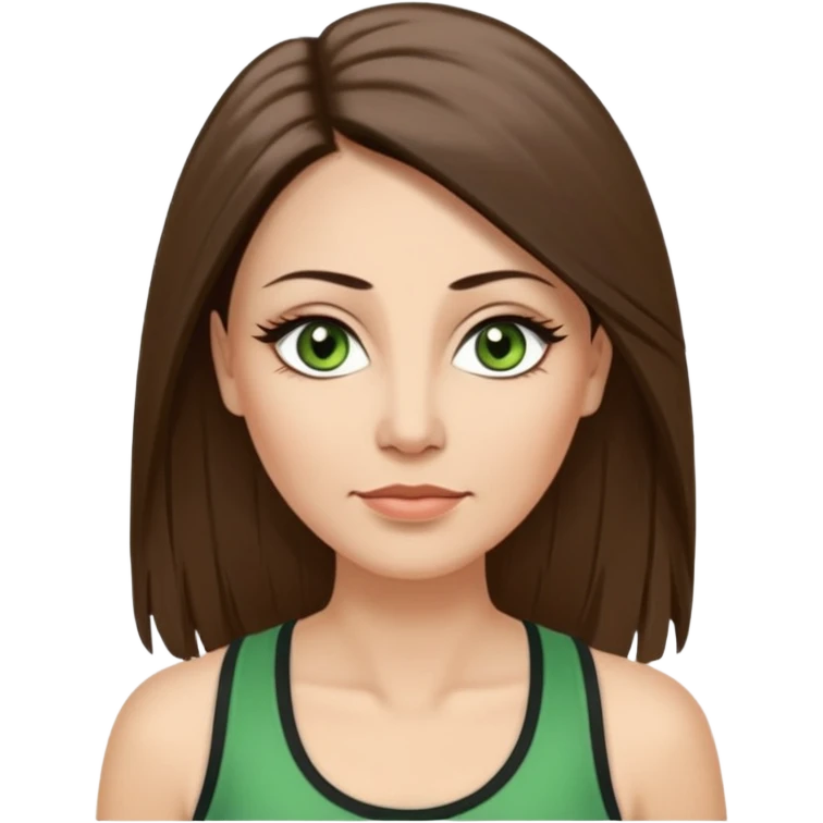 43 year old Adult woman avatar, light skin tone, long, oval face, long straight ashy brown hair, green almond-shaped eyes with dramatic eyelashes and minimal eyeliner, neutral mouth, medium straight eyebrows, average nose, smooth skin, high-neck tank top  emoji
