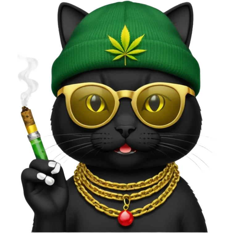 A black cat wearing the deal with it shades and a rasta beanie and smoking a joint and wearing a gold chain that says 420 and the words High Time at the top of the image emoji