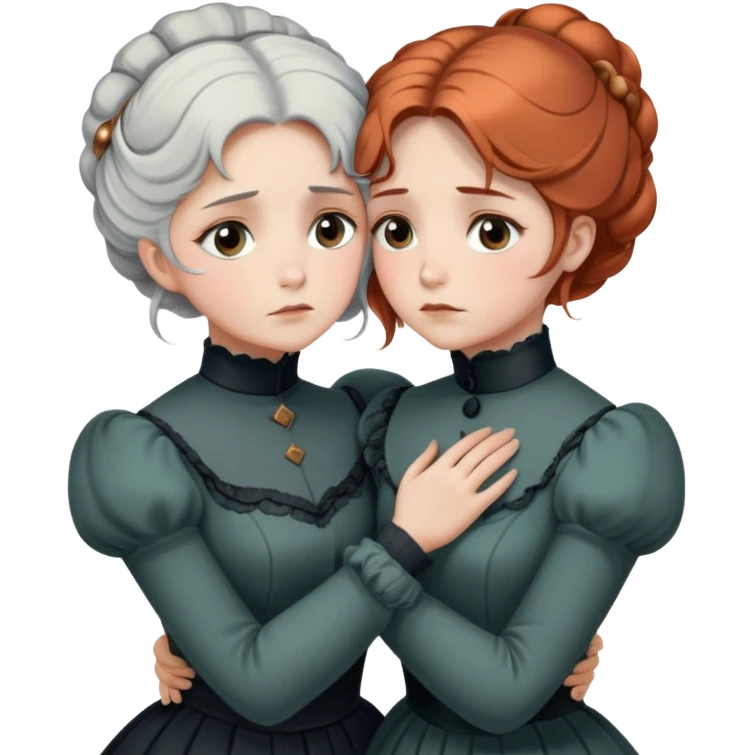 Two Victorian women in a sad intimate hug, one with white coiffed hair and one with copper coiffed hair, both with grey eyes, wearing Victorian turtleneck dresses emoji