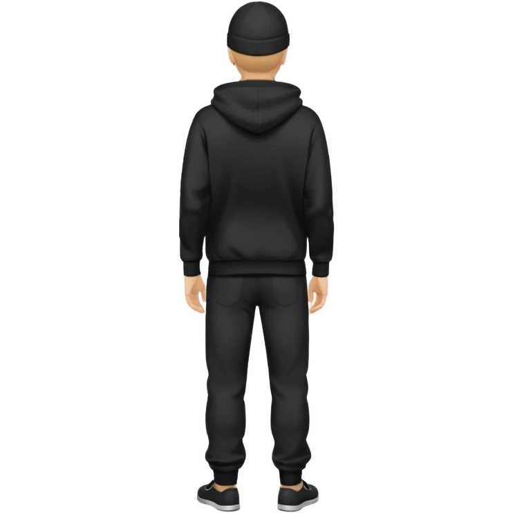 fullbody caucasian man in black hoodie on head, hands in his pockets and black pants rear backview emoji