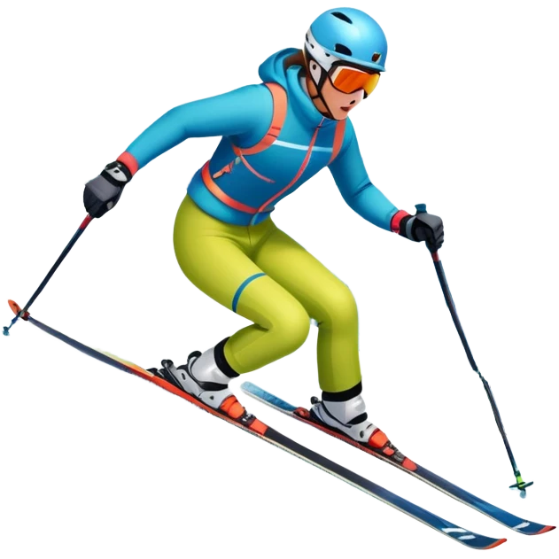 An icon featuring a skier racing down a snow-covered slope, surrounded by snowy peaks and pine trees. The design includes ski poles, bright winter gear, and dynamic motion lines, capturing the thrill and speed of alpine skiing. Transparent background emoji