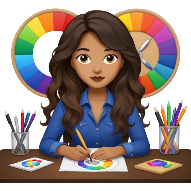 female dark wavy long hair graphic designer , color wheel, pens, papers , desktop emoji