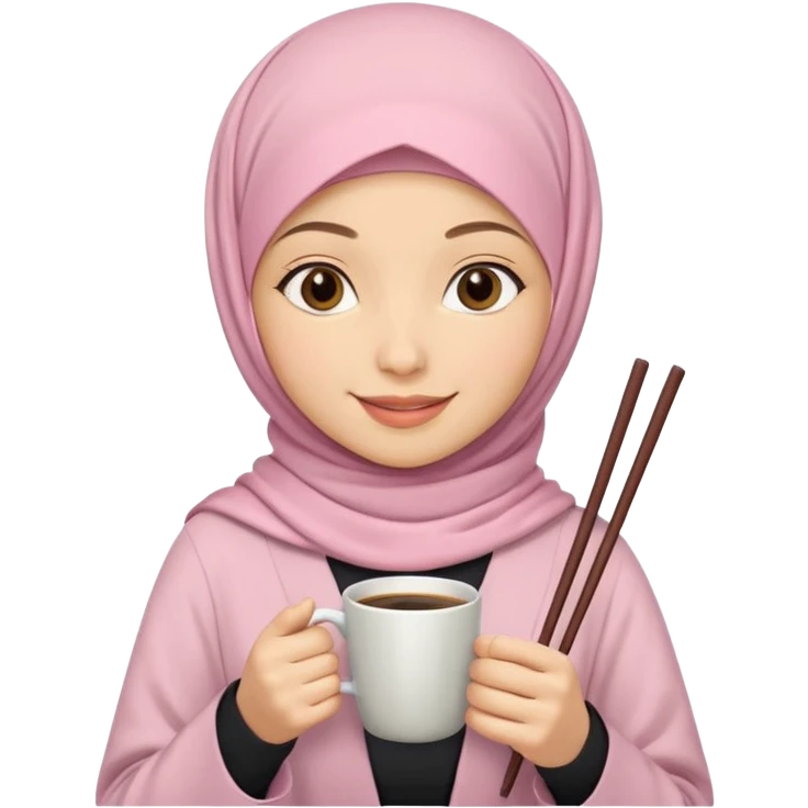 A hijabi girl with light pink hijab and tanned skin holding coffee in one hand and chopsticks in other. Only upper portion of the body shown in IOS format emoji