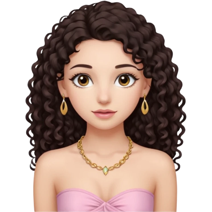 crée moi une jeune fille très belle avec les cheveux bouclés long et brune avec un top  sans manche ni brettelles juste un 'bandeau' de couleur rose clair avec un peu de maquillage et des beaux et long  cils avec un collier en or emoji
