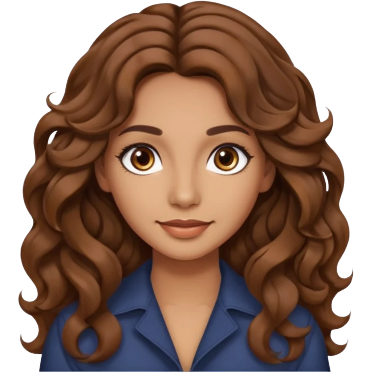 She has long, brown hair styled in soft wavy curls with a middle part. She has well-shaped eyebrows and dark brown eyes. She is wearing light makeup that highlights her natural beauty and is offering a slight smile to the camera.  emoji
