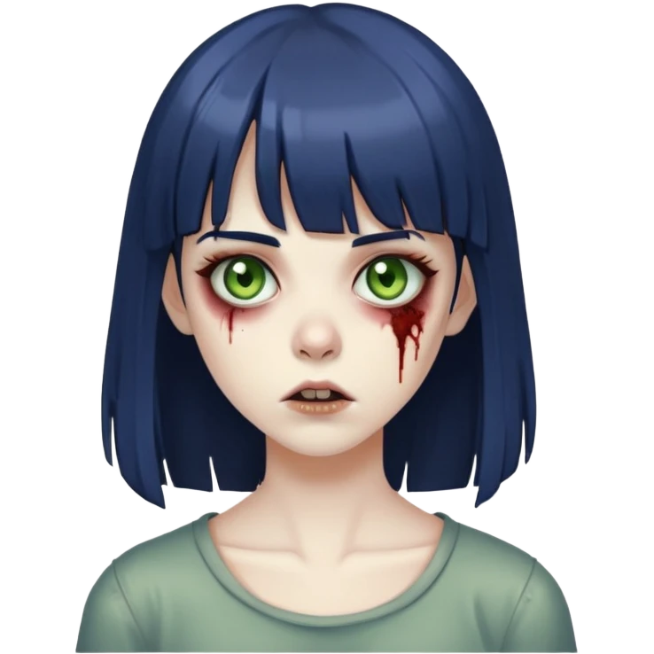 garota zombie, cabelos azuis escuros e lisos médio com uma franja na testa, olhos verdes acastanhados emoji