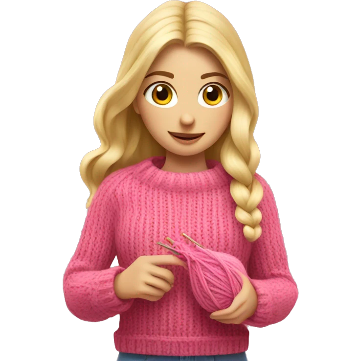 Blonde girl knitting with pink sweater knitting a hat emoji