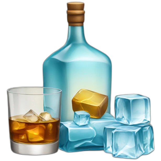 Rum bottle with a glass filled with rum and some blocks of ice emoji