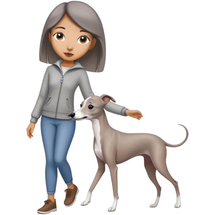 Beautiful Asian girl with cute features walking an all grey Italian greyhound with no white nose emoji